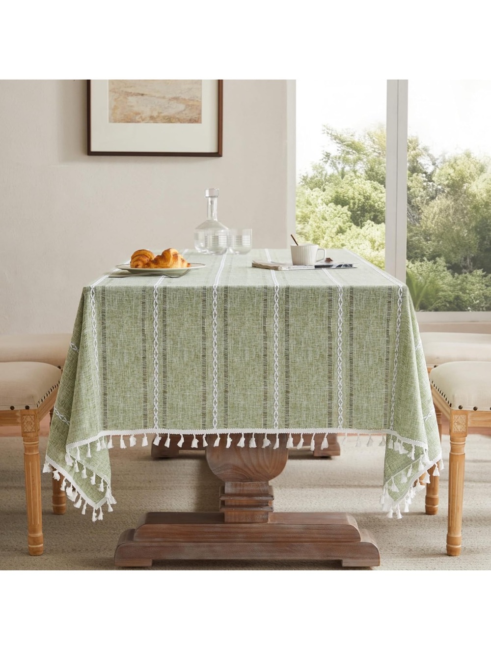 Hemstitched Striped Boho Table Cloth, 60x120 Inch Light Green